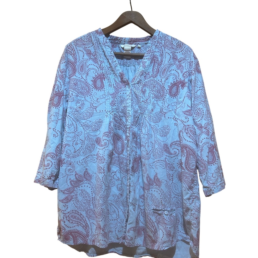 Sundance Button Down Shirt Womens Size L Blue Paisley‎ Cotton Boho Artsy Peasant